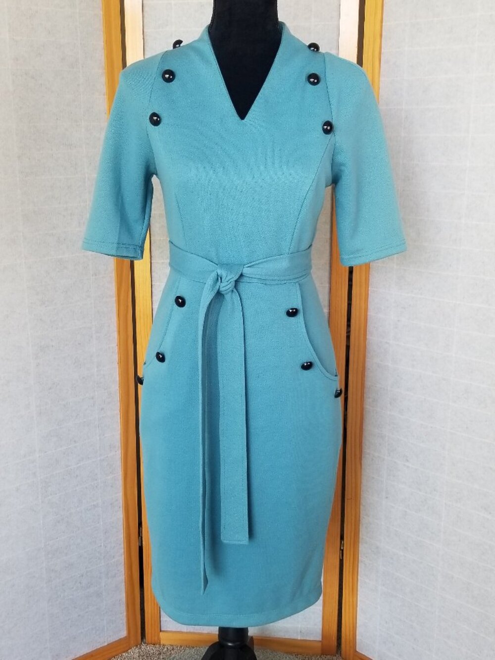 Grace Karin Blue Midi Dress Mad Men Vintage Style Belted Pockets Size Medium